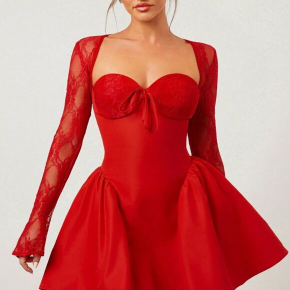 Red Elegant Women's Lace Long Sleeve Mini Dress - Picture 8 of 8